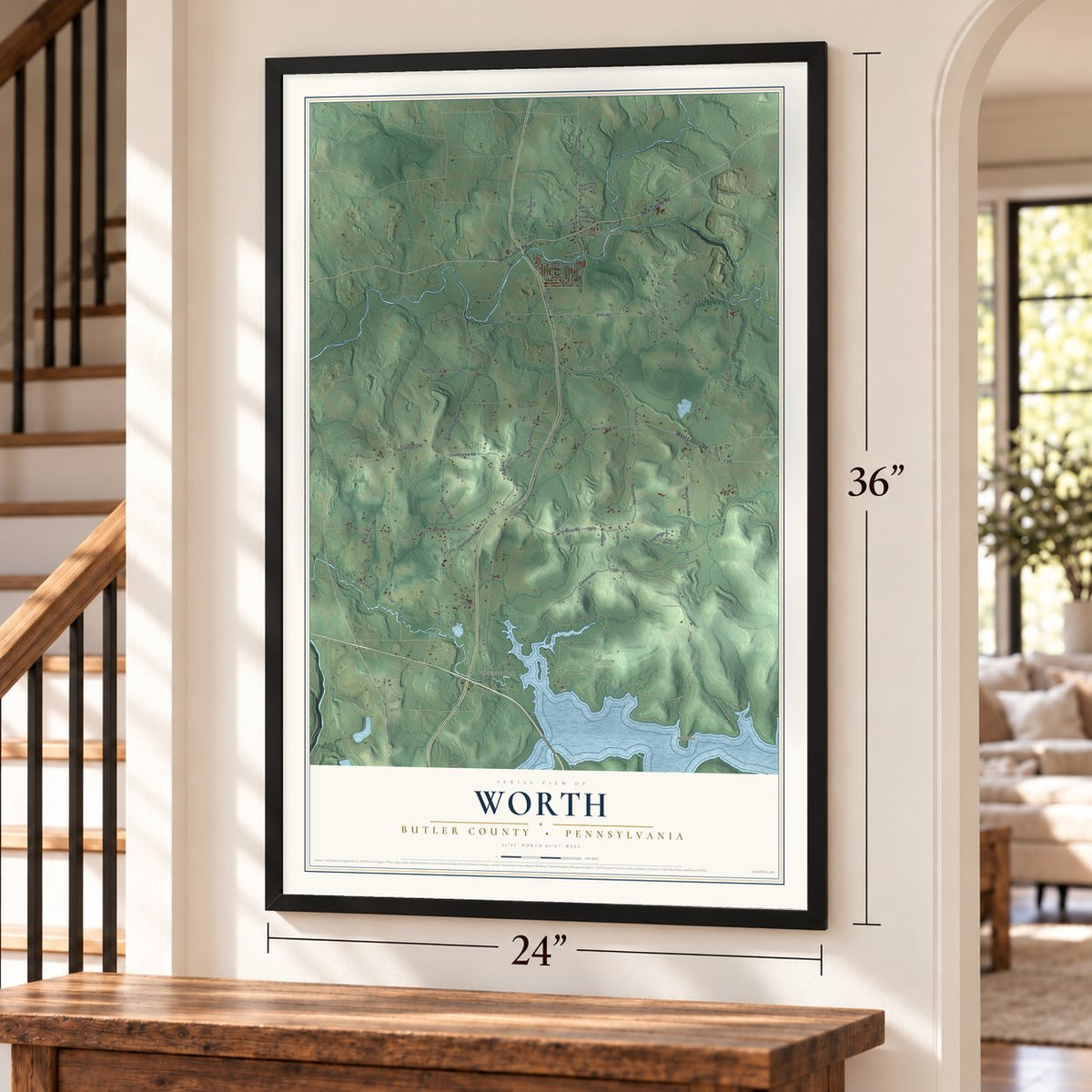 Worth, Butler County, Pennsylvania map, 24 x 36 inch print in a black frame by a staircase