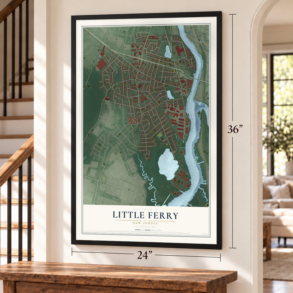 Little Ferry, New Jersey map, 24 x 36 inch print in a black frame by a staircase