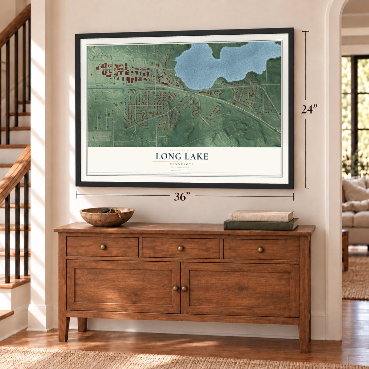 Long Lake, Minnesota map, 24 x 36 inch print in a black frame above a dresser by a staircase