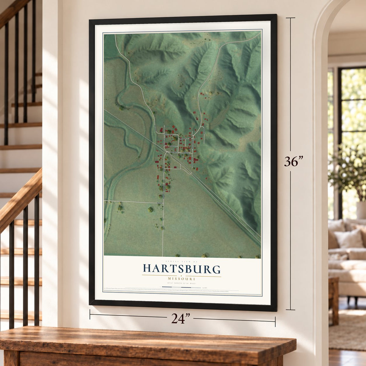 Hartsburg, Missouri map, 24 x 36 inch print in a black frame by a staircase