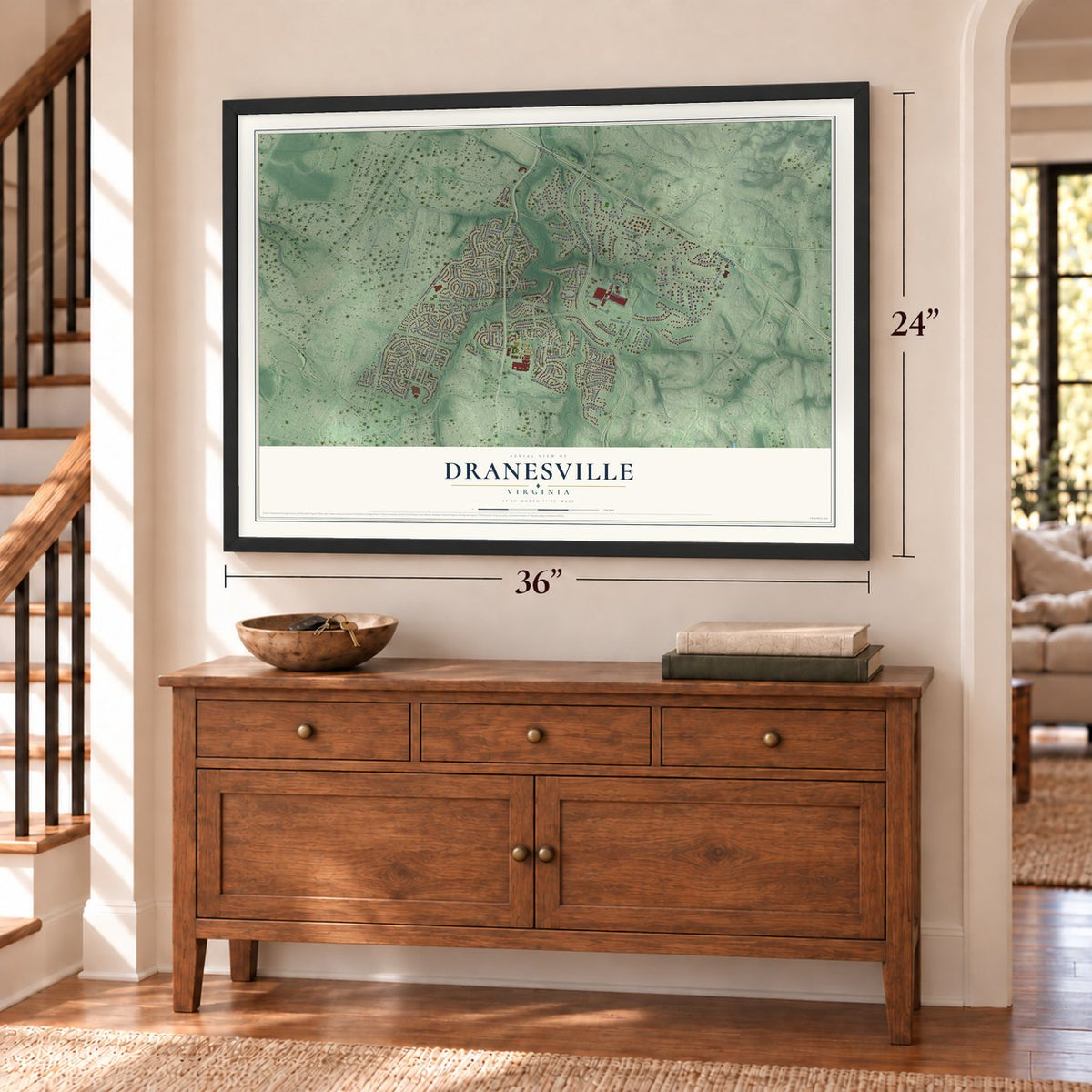 Dranesville, Virginia map, 24 x 36 inch print in a black frame above a dresser by a staircase
