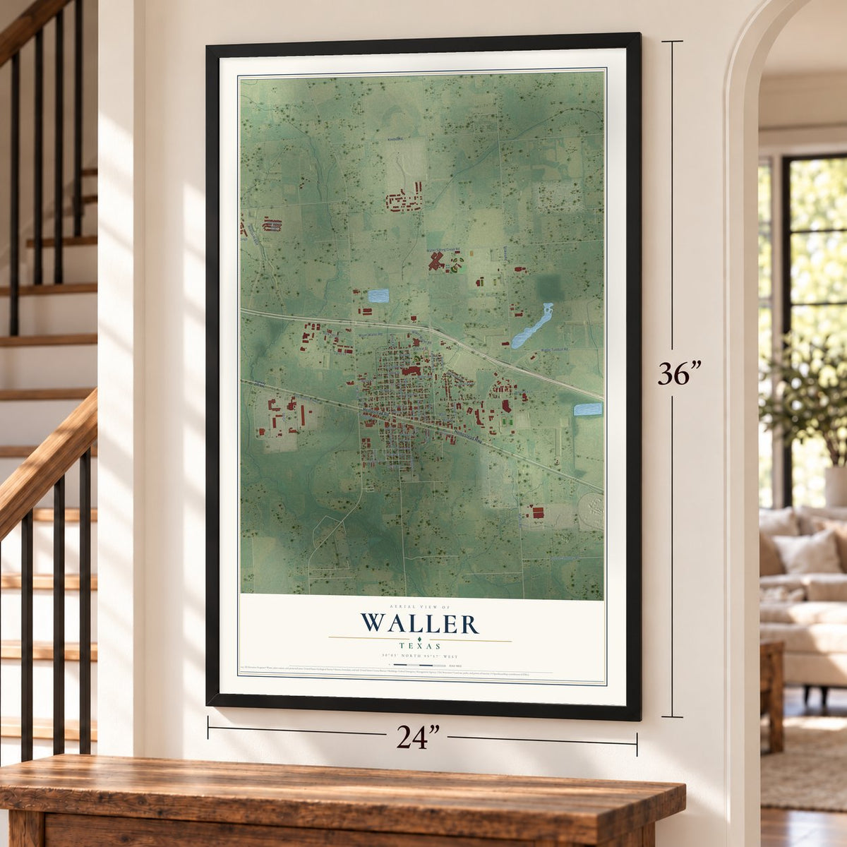 Waller, Texas map, 24 x 36 inch print in a black frame by a staircase