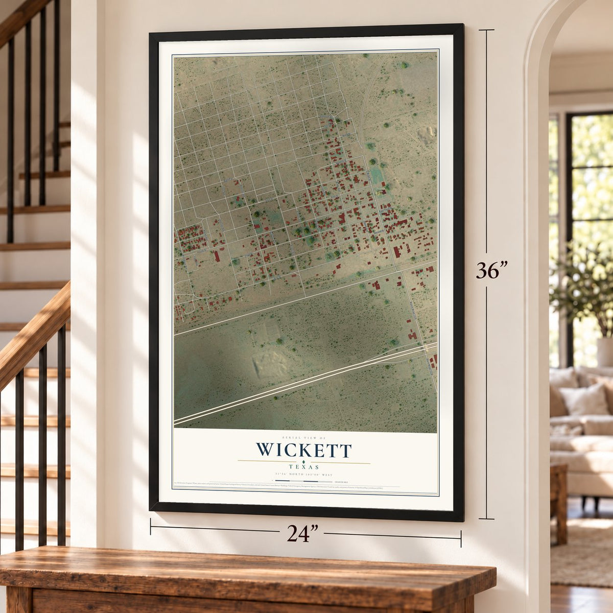Wickett, Texas map, 24 x 36 inch print in a black frame by a staircase