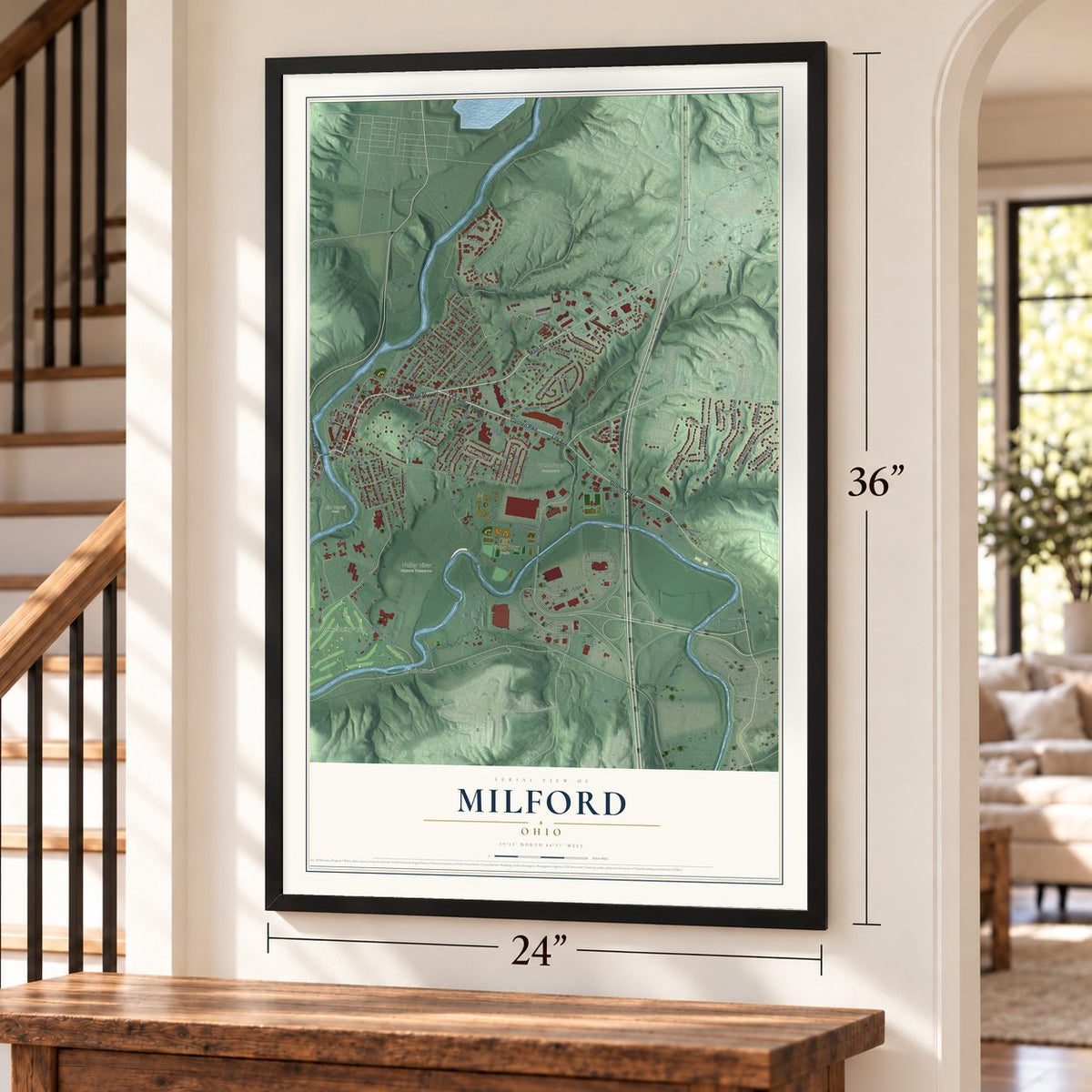 Milford, Ohio map, 24 x 36 inch print in a black frame by a staircase