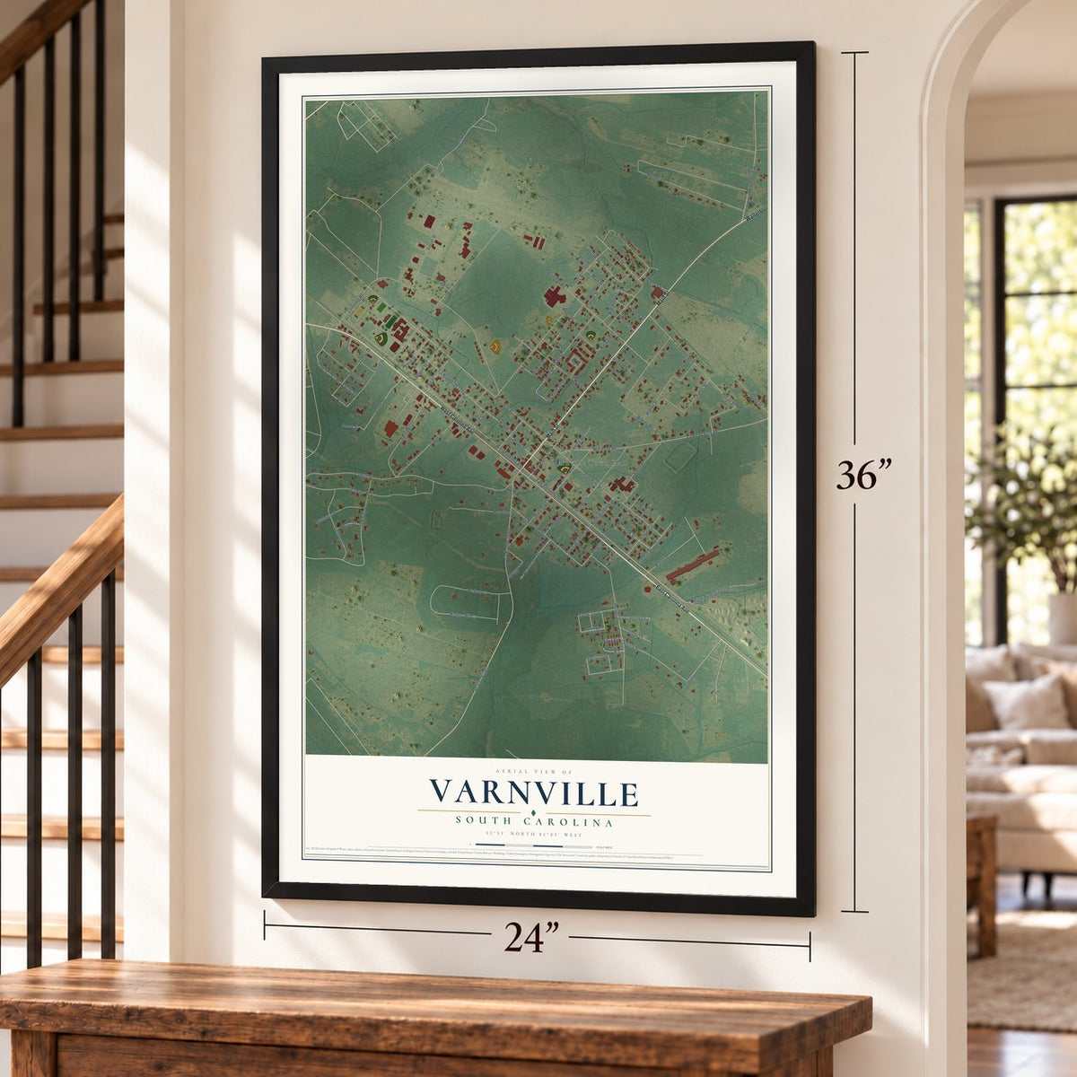 Varnville, South Carolina map, 24 x 36 inch print in a black frame by a staircase