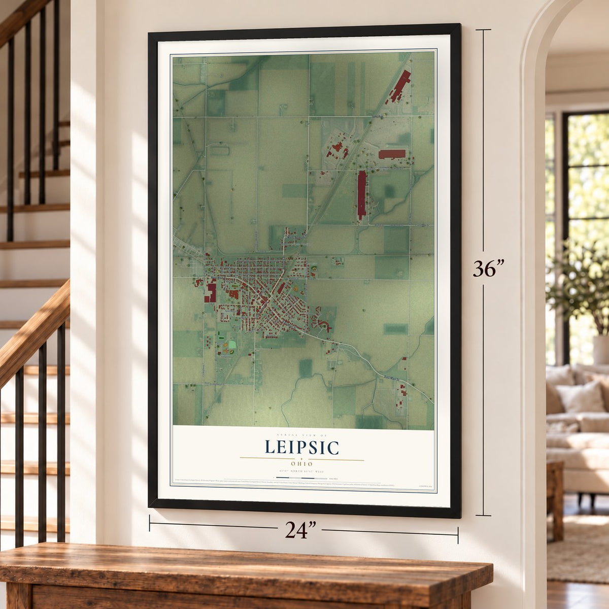 Leipsic, Ohio map, 24 x 36 inch print in a black frame by a staircase