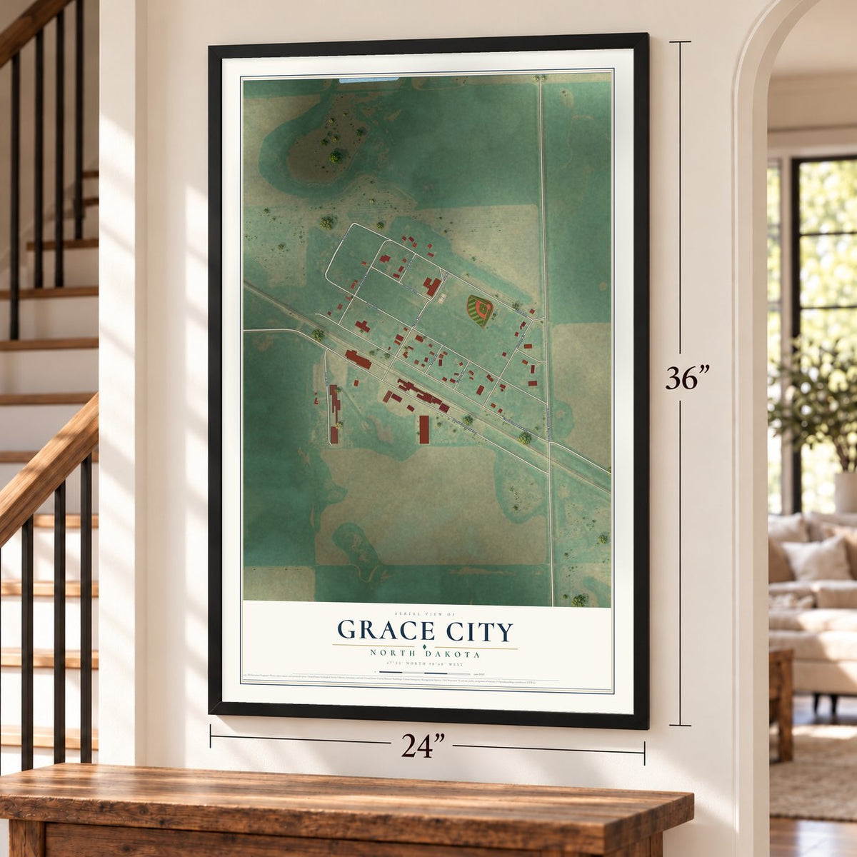 Grace City, North Dakota map, 24 x 36 inch print in a black frame by a staircase