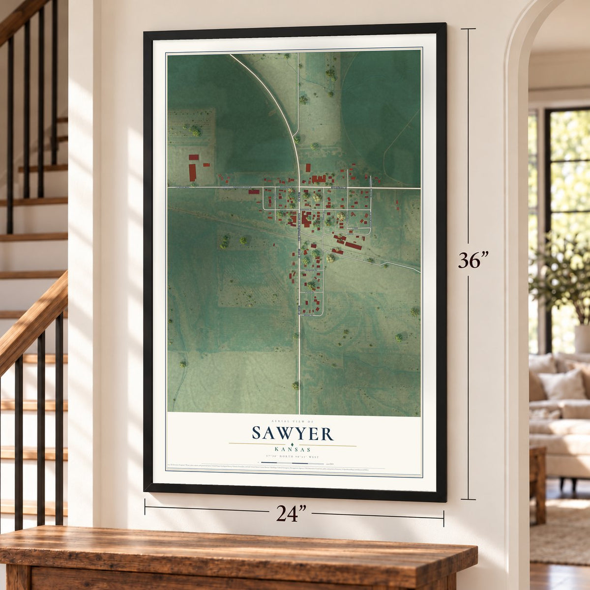 Sawyer, Kansas map, 24 x 36 inch print in a black frame by a staircase