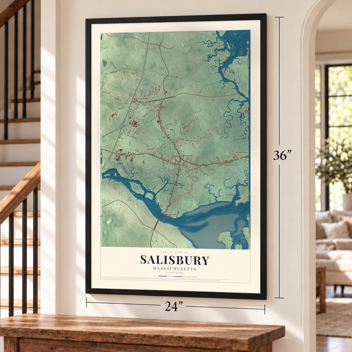 Salisbury, Massachusetts map, 24 x 36 inch print in a black frame by a staircase
