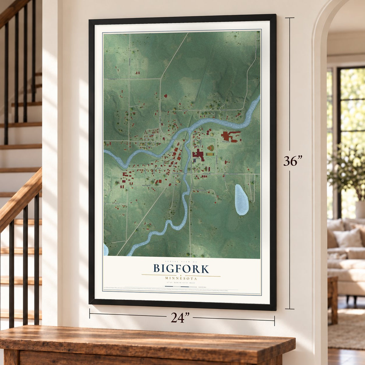 Bigfork, Minnesota map, 24 x 36 inch print in a black frame by a staircase