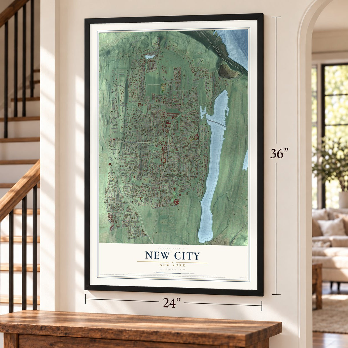 New City, New York map, 24 x 36 inch print in a black frame by a staircase