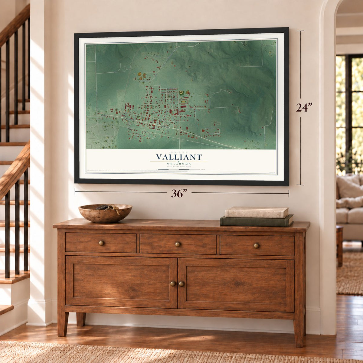 Valliant, Oklahoma map, 24 x 36 inch print in a black frame above a dresser by a staircase