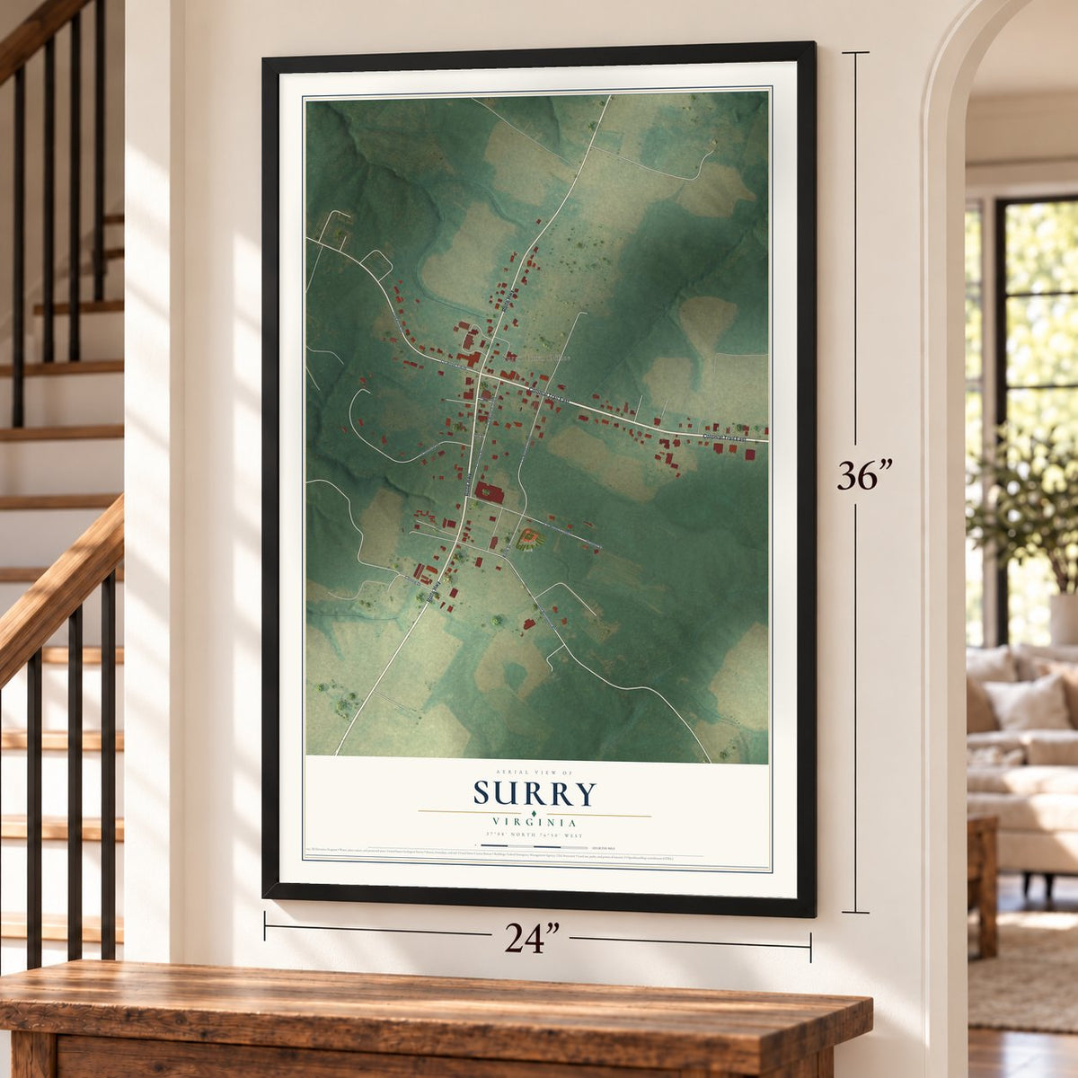 Surry, Virginia map, 24 x 36 inch print in a black frame by a staircase