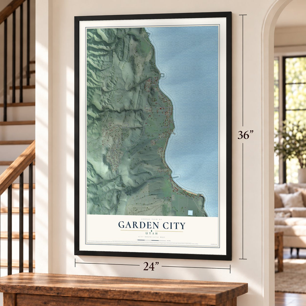 Garden City, Utah map, 24 x 36 inch print in a black frame by a staircase
