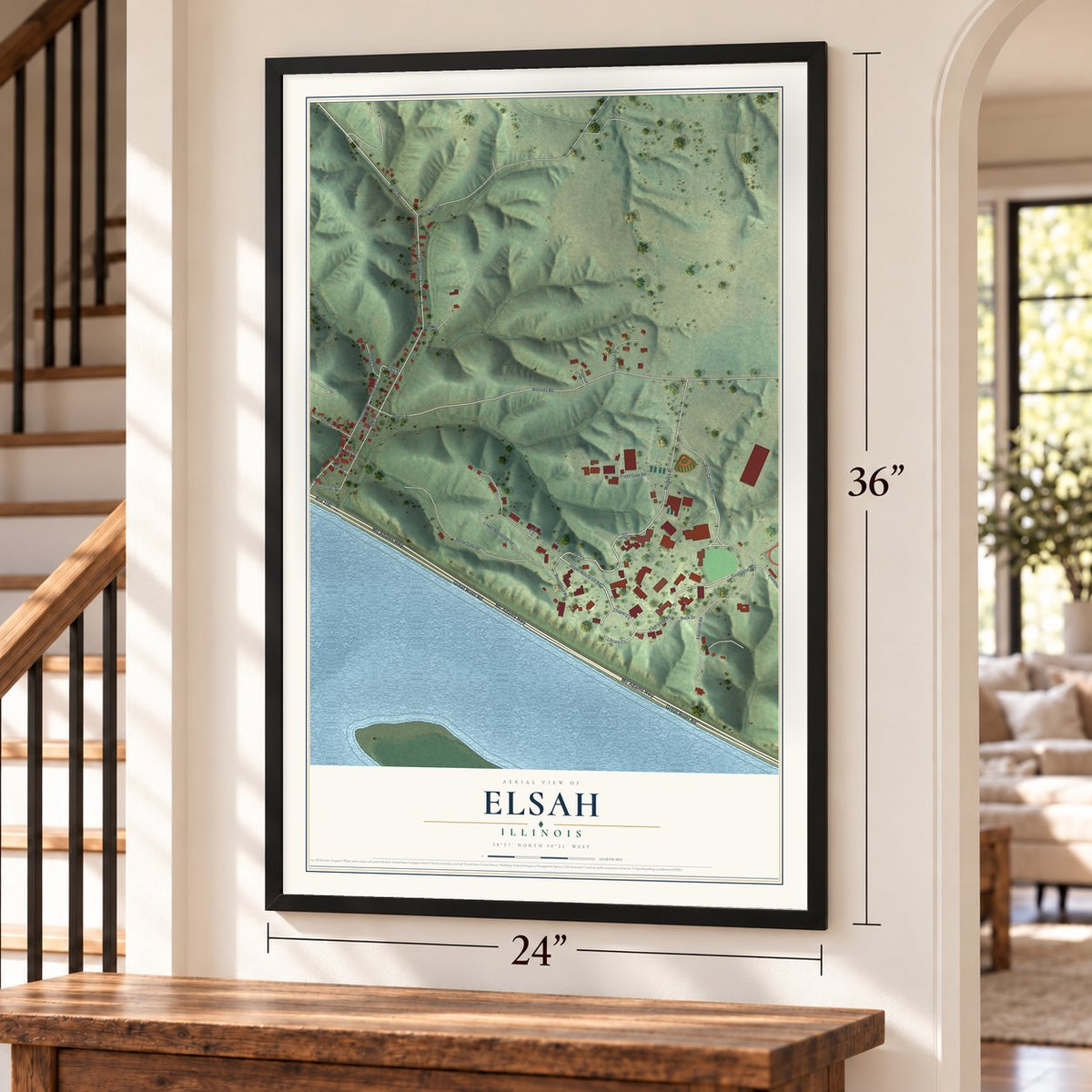 Elsah, Illinois map, 24 x 36 inch print in a black frame by a staircase