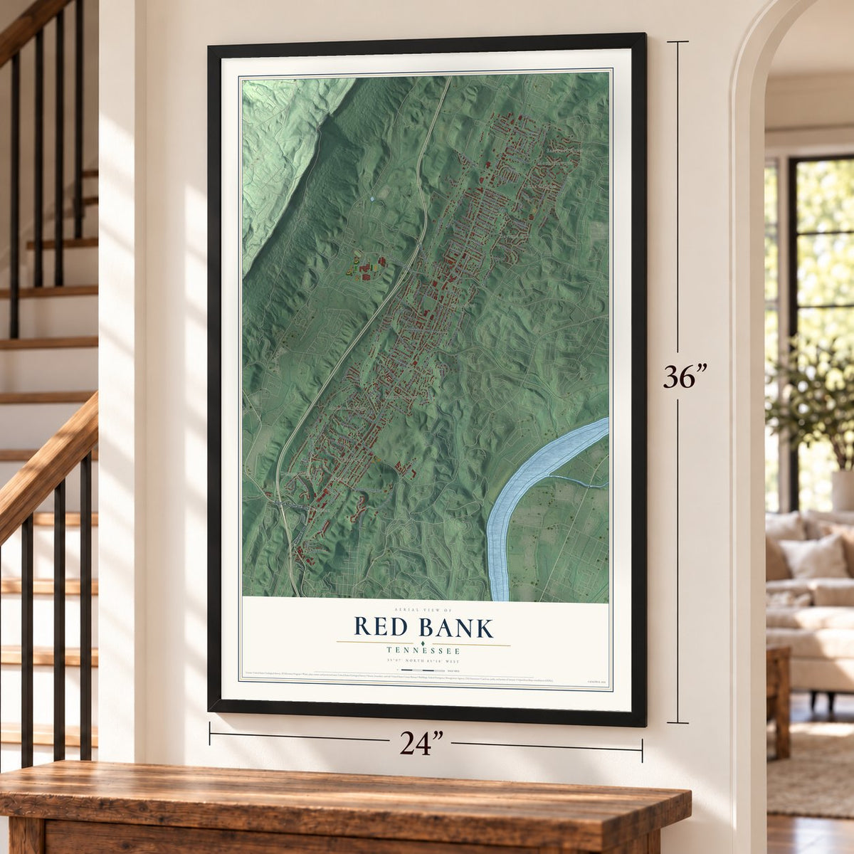 Red Bank, Tennessee map, 24 x 36 inch print in a black frame by a staircase