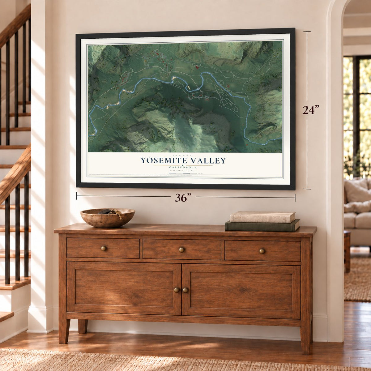 Yosemite Valley, California map, 24 x 36 inch print in a black frame above a dresser by a staircase