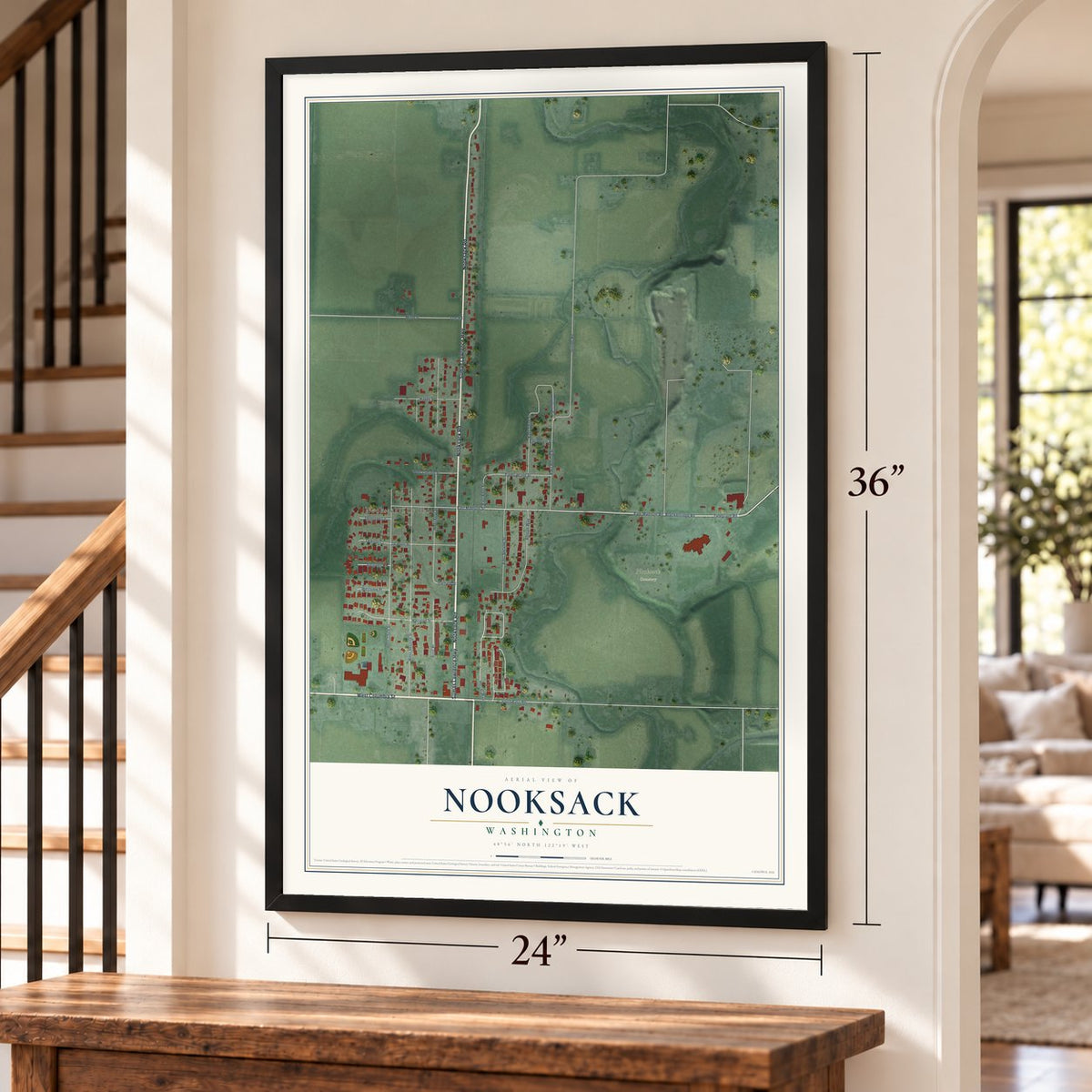 Nooksack, Washington map, 24 x 36 inch print in a black frame by a staircase