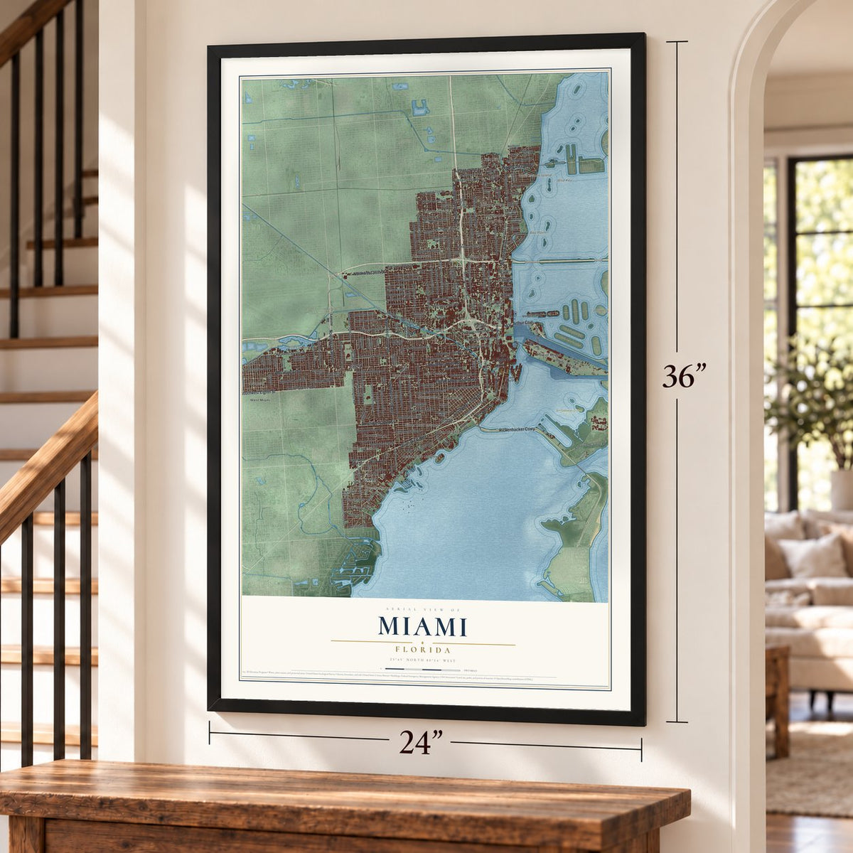 Miami, Florida map, 24 x 36 inch print in a black frame by a staircase