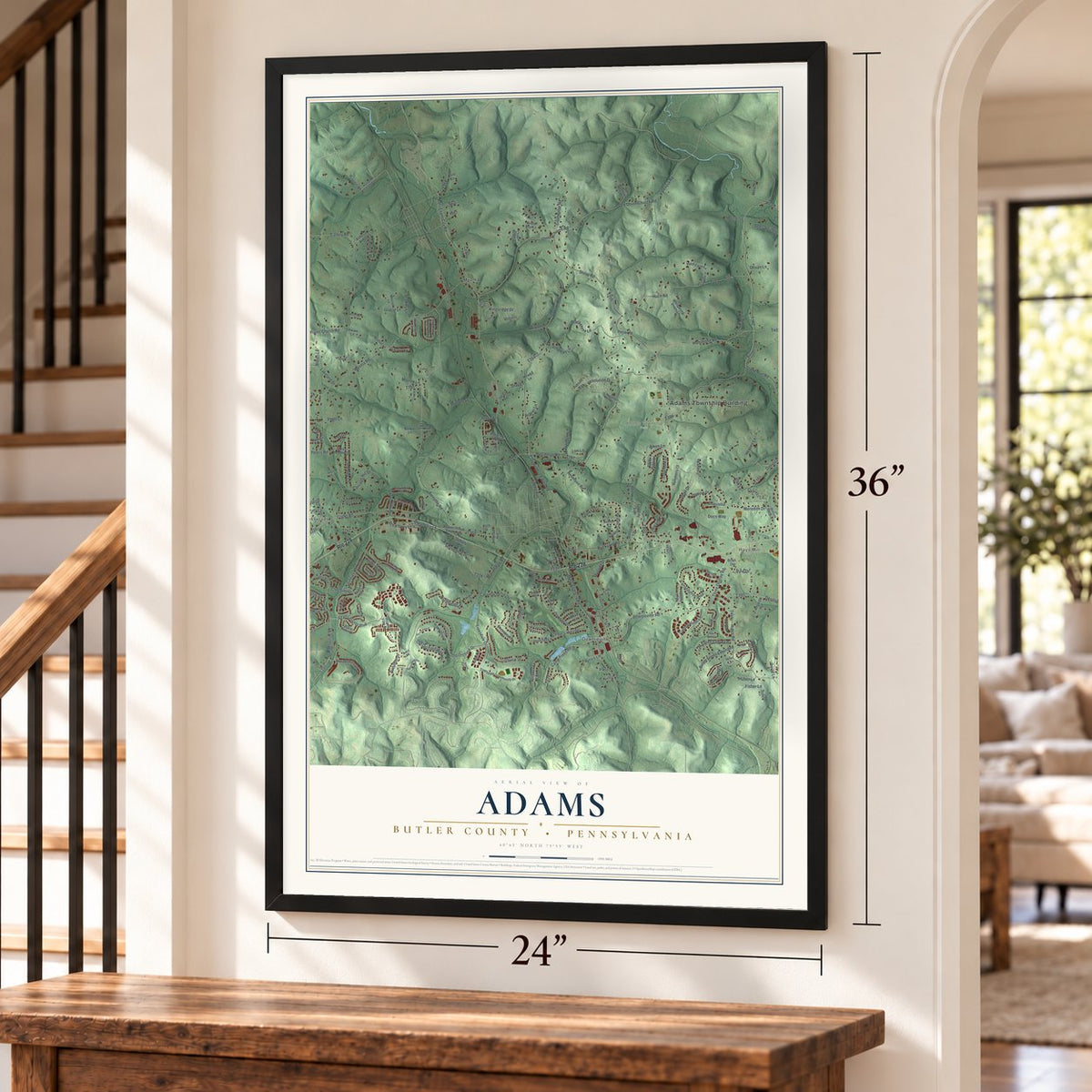 Adams, Butler County, Pennsylvania map, 24 x 36 inch print in a black frame by a staircase