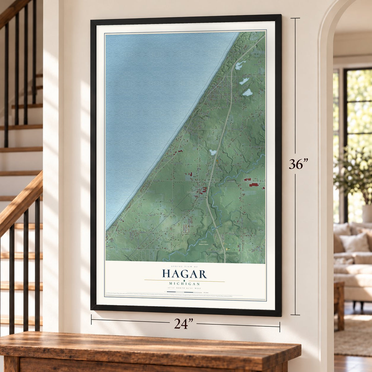 Hagar, Michigan map, 24 x 36 inch print in a black frame by a staircase