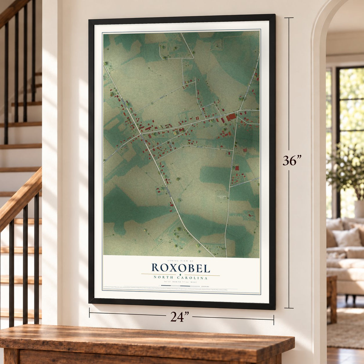 Roxobel, North Carolina map, 24 x 36 inch print in a black frame by a staircase