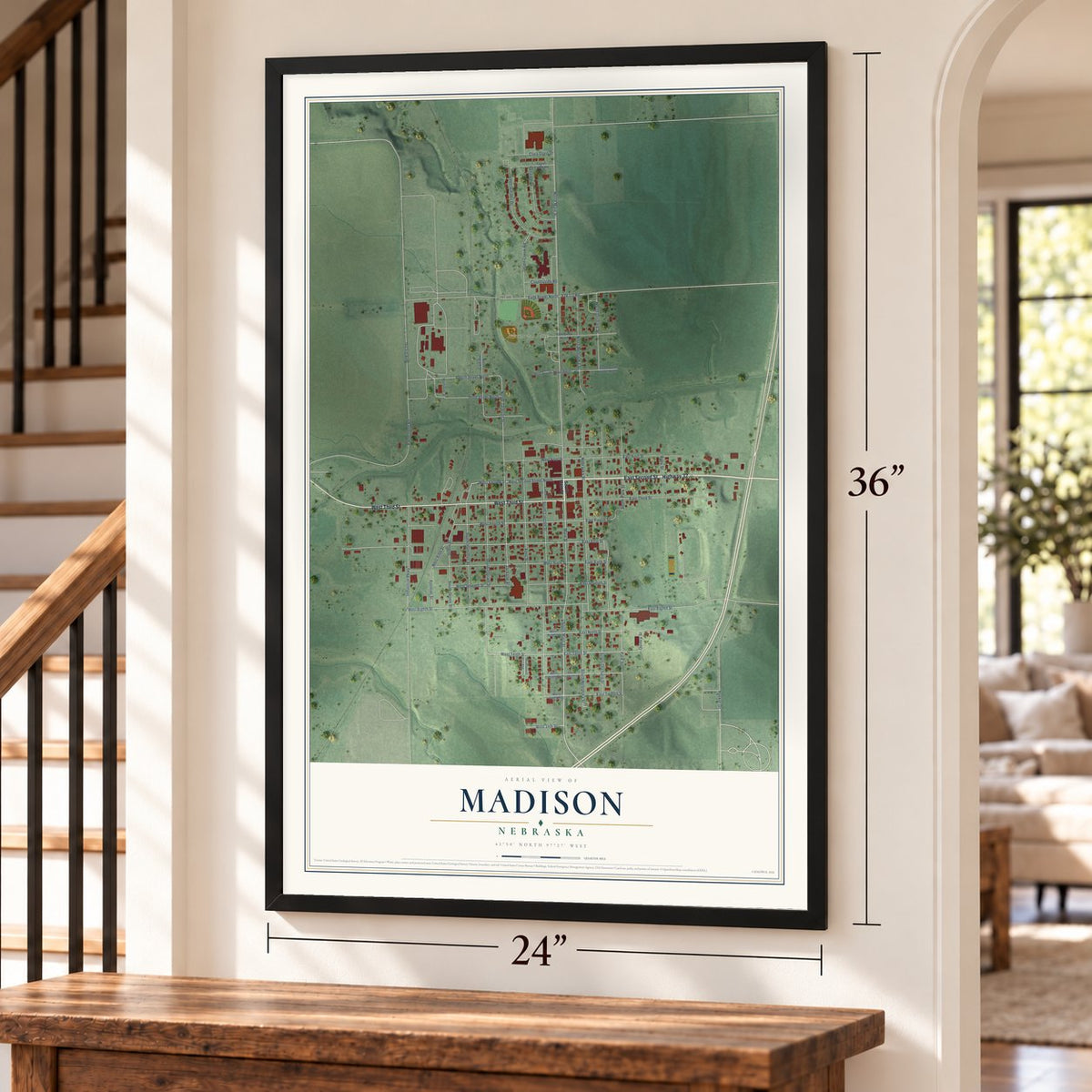 Madison, Nebraska map, 24 x 36 inch print in a black frame by a staircase
