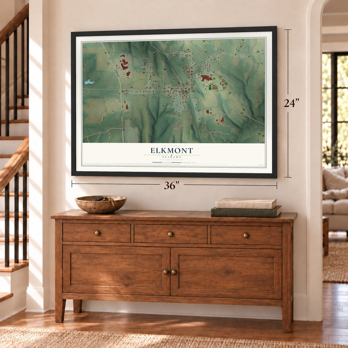 Elkmont, Alabama map, 24 x 36 inch print in a black frame above a dresser by a staircase
