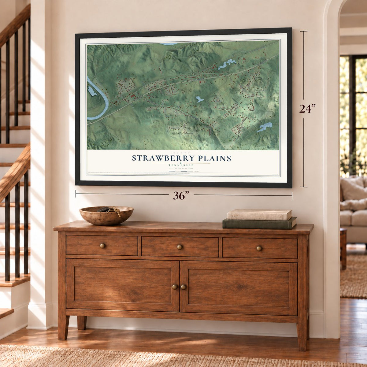 Strawberry Plains, Tennessee map, 24 x 36 inch print in a black frame above a dresser by a staircase