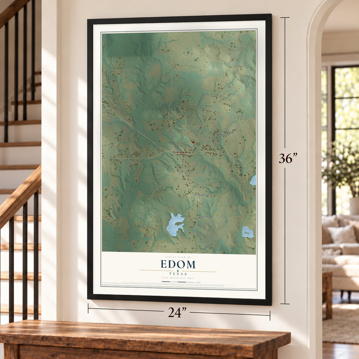 Edom, Texas map, 24 x 36 inch print in a black frame by a staircase