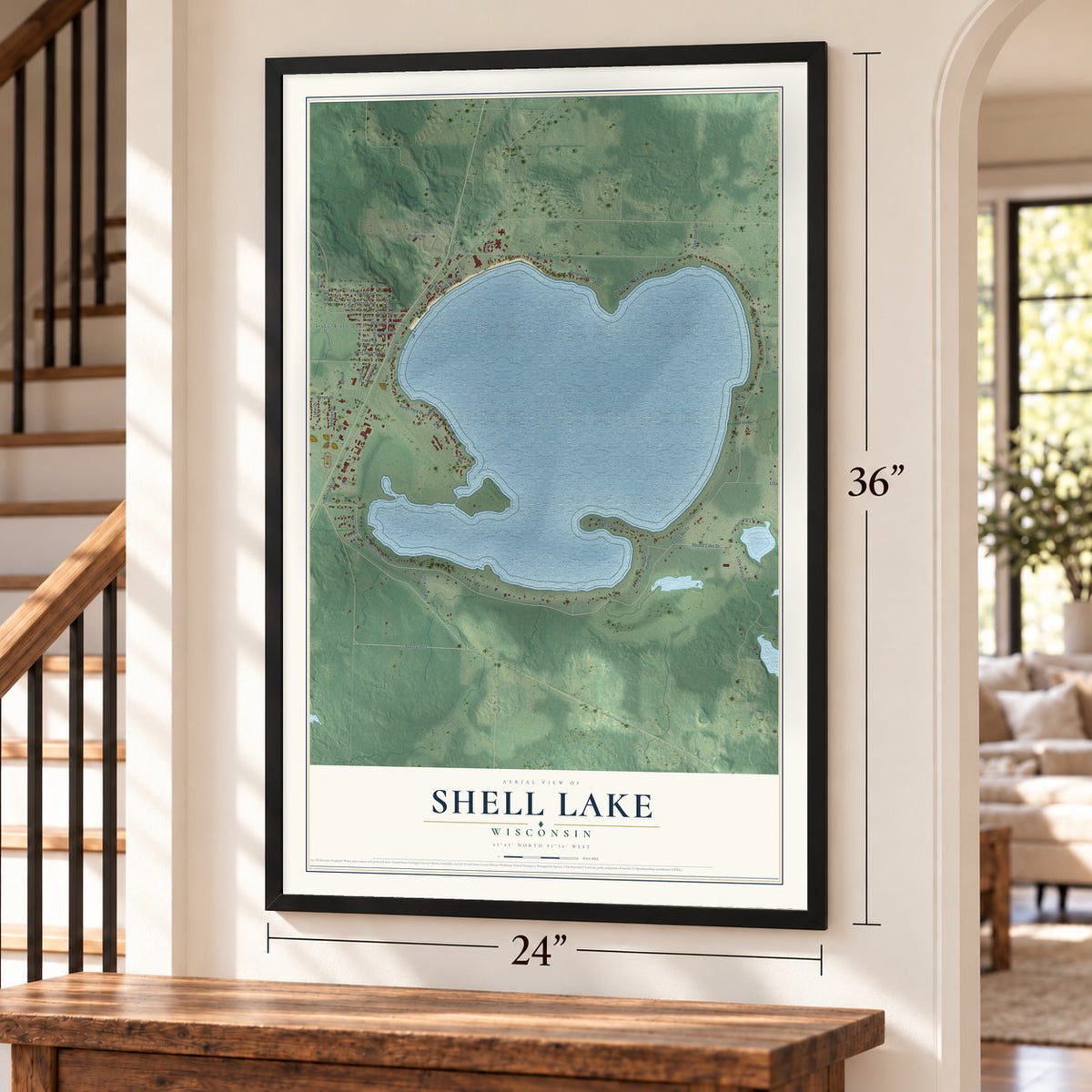 Shell Lake, Wisconsin map, 24 x 36 inch print in a black frame by a staircase