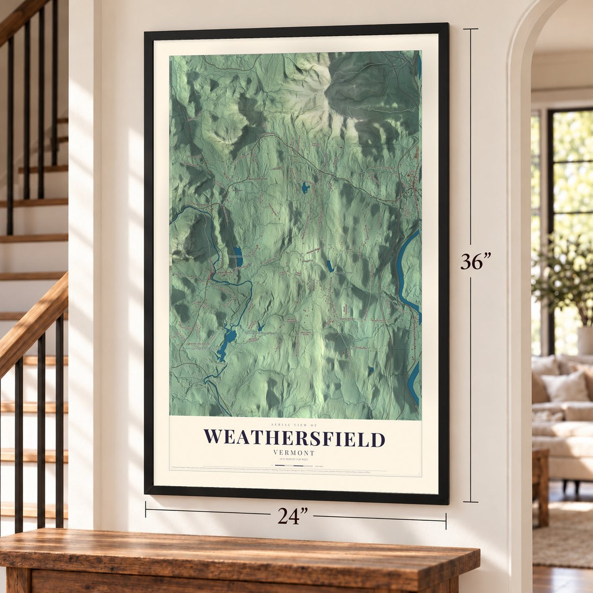 Weathersfield, Vermont map, 24 x 36 inch print in a black frame by a staircase
