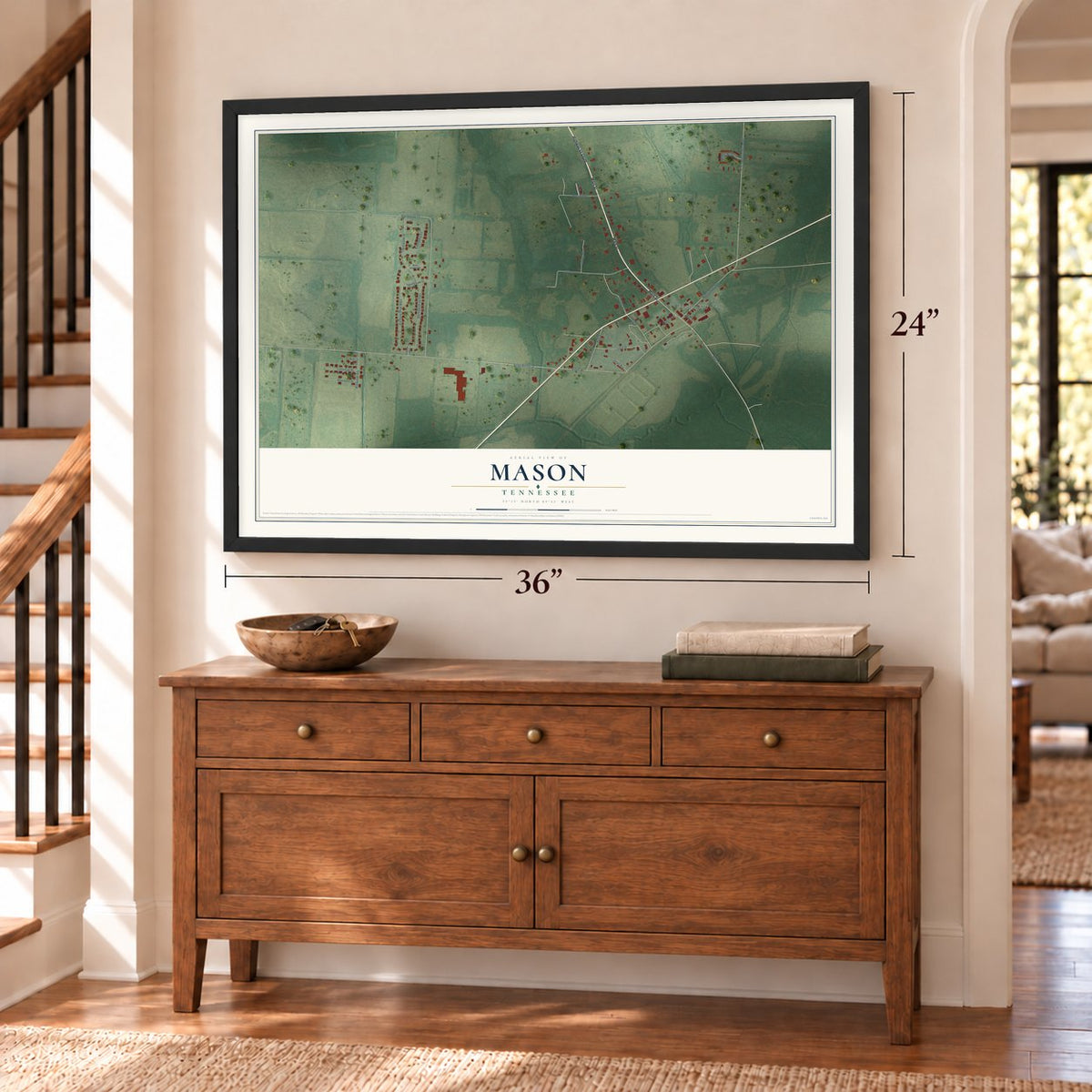 Mason, Tennessee map, 24 x 36 inch print in a black frame above a dresser by a staircase