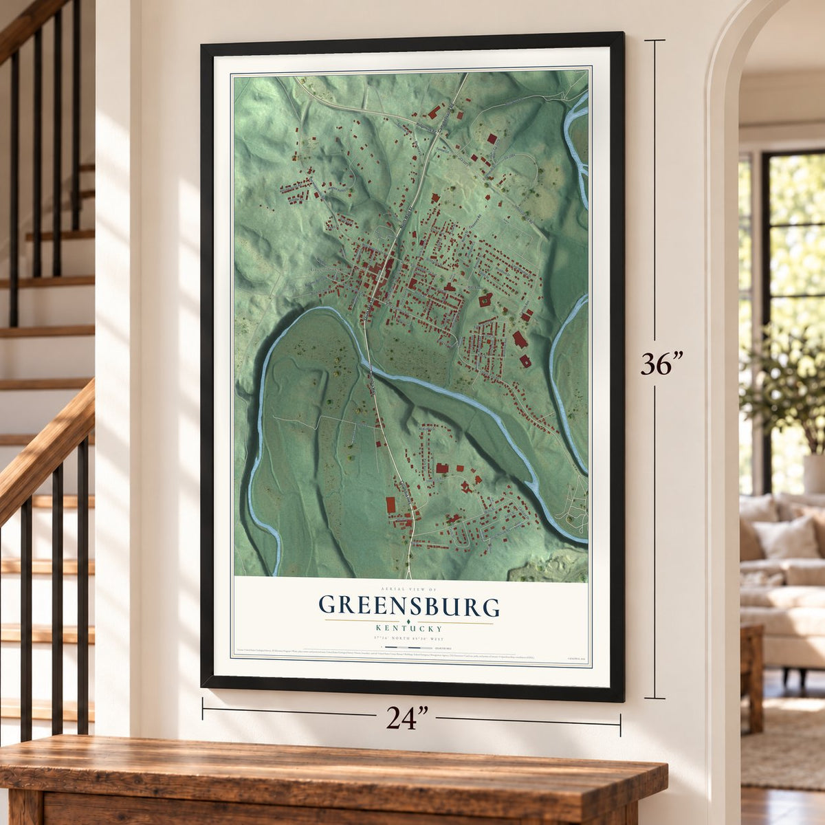 Greensburg, Kentucky map, 24 x 36 inch print in a black frame by a staircase