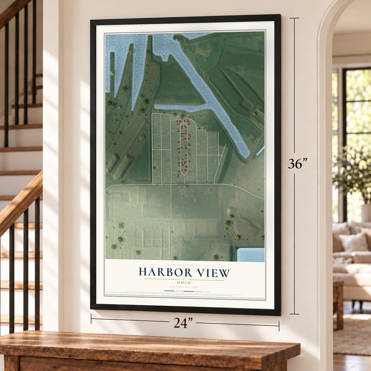 Harbor View, Ohio map, 24 x 36 inch print in a black frame by a staircase