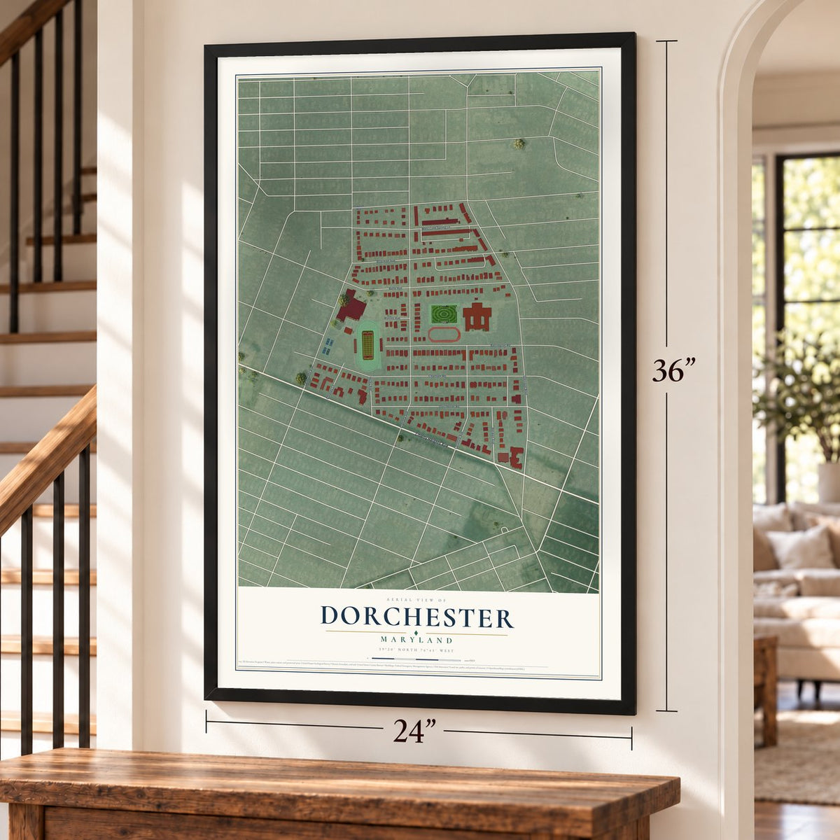 Dorchester, Maryland map, 24 x 36 inch print in a black frame by a staircase