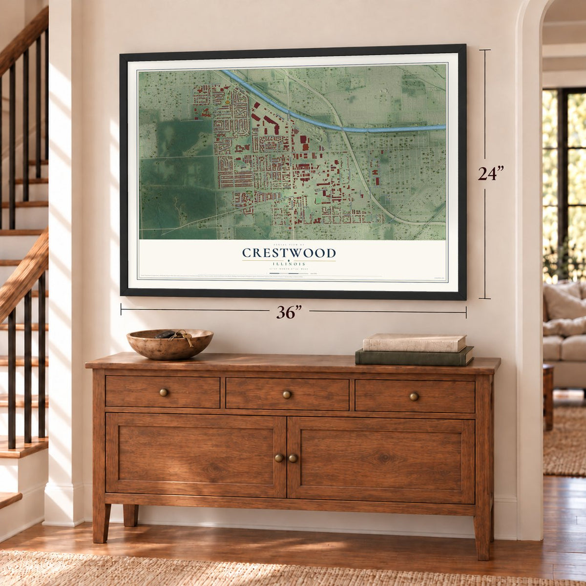 Crestwood, Illinois map, 24 x 36 inch print in a black frame above a dresser by a staircase