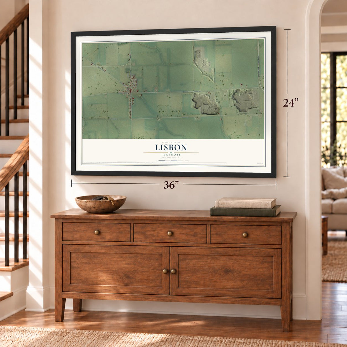 Lisbon, Illinois map, 24 x 36 inch print in a black frame above a dresser by a staircase