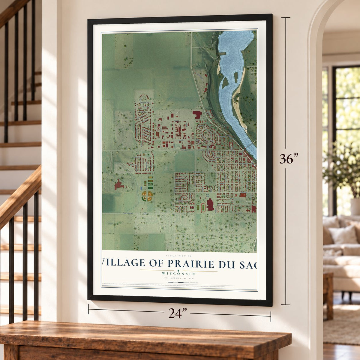 Prairie du Sac, Wisconsin map, 24 x 36 inch print in a black frame by a staircase