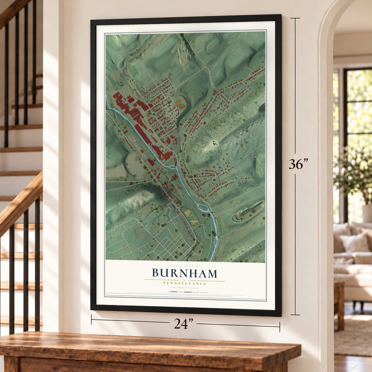 Burnham, Pennsylvania map, 24 x 36 inch print in a black frame by a staircase