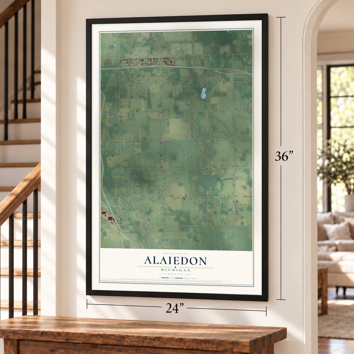 Alaiedon, Michigan map, 24 x 36 inch print in a black frame by a staircase