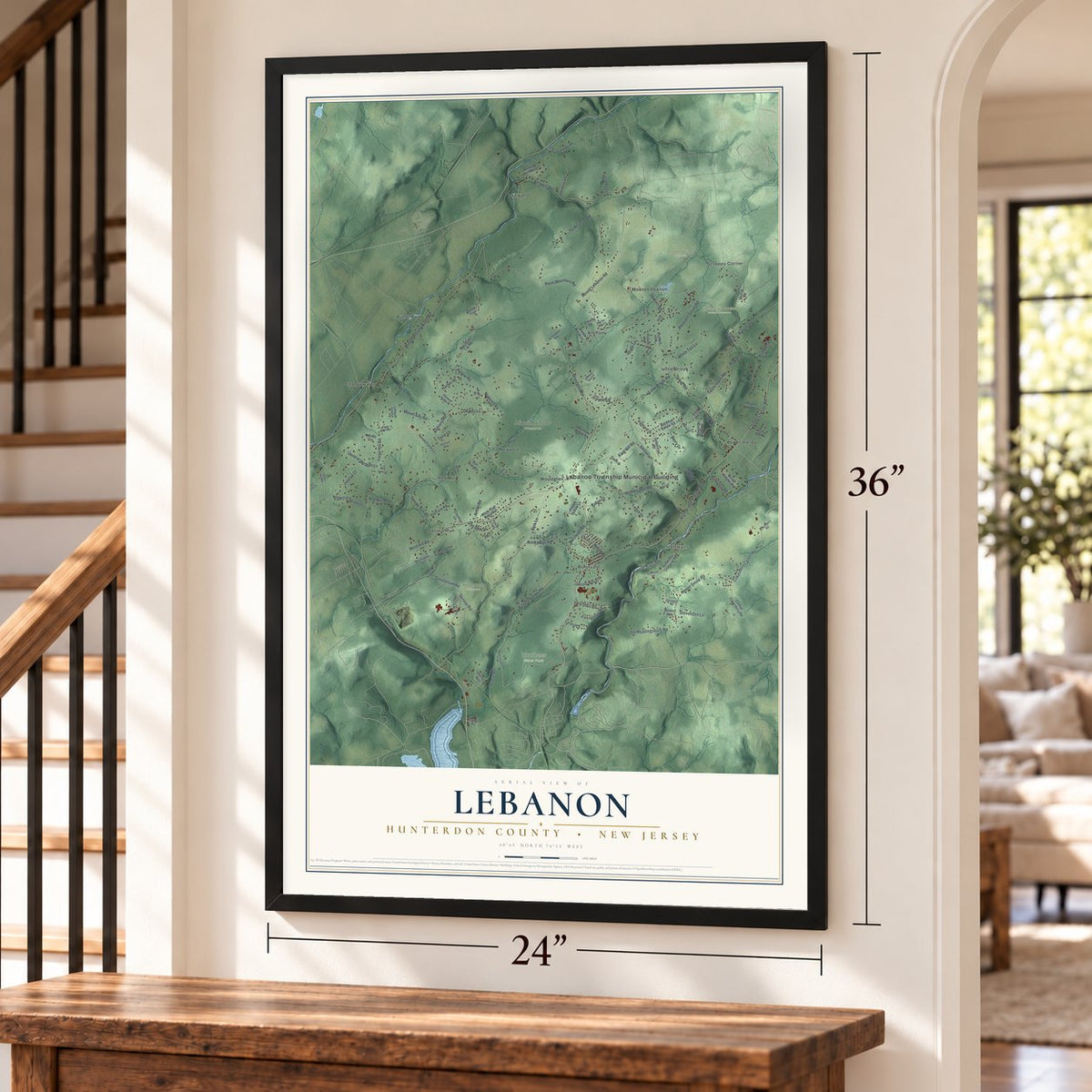 Lebanon, Hunterdon County, New Jersey map, 24 x 36 inch print in a black frame by a staircase