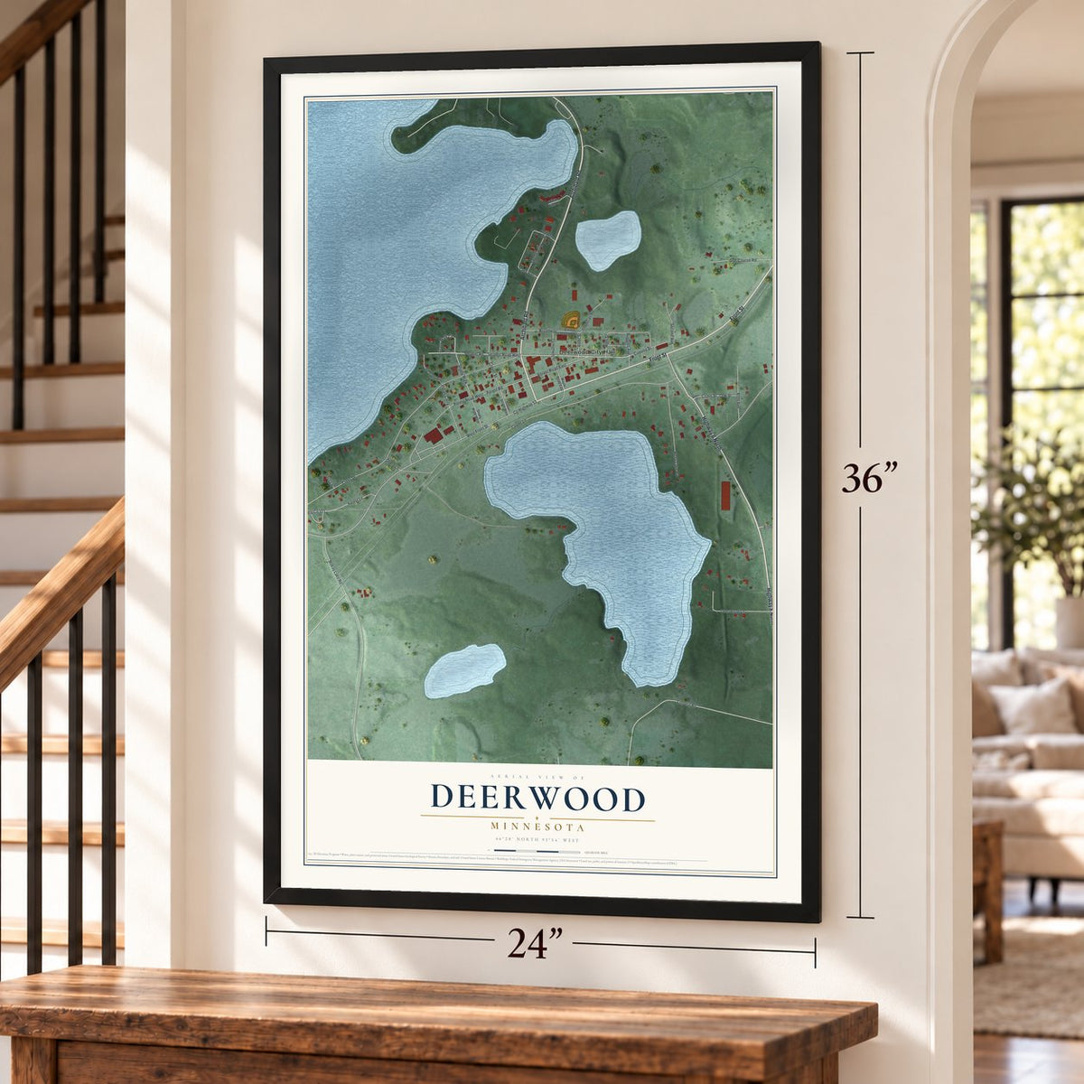 Deerwood, Minnesota map, 24 x 36 inch print in a black frame by a staircase