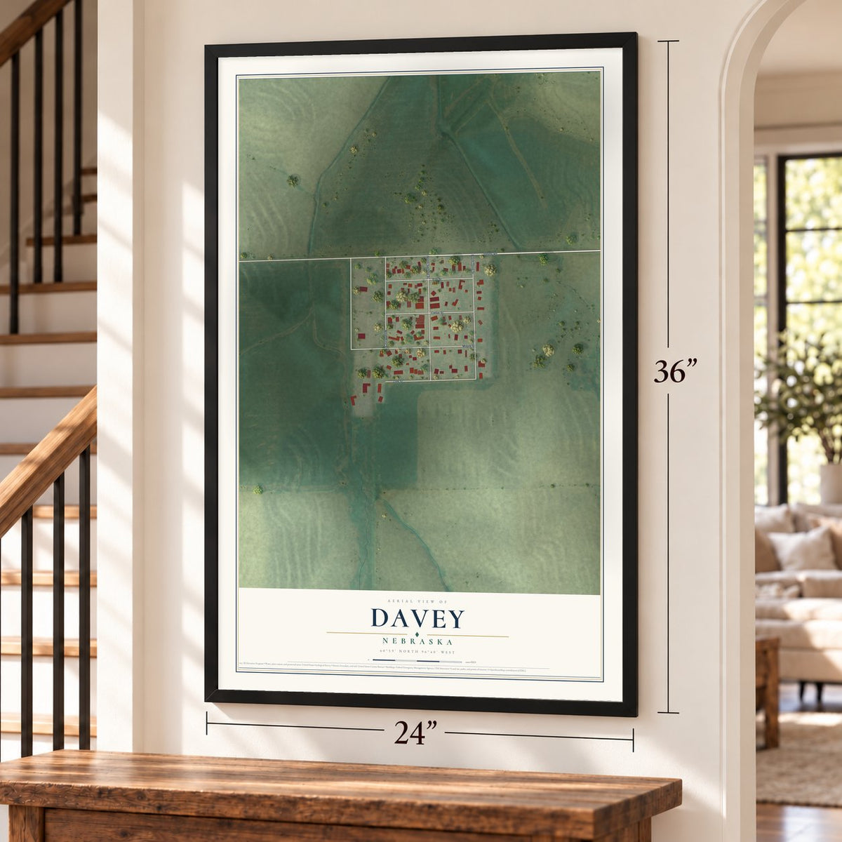 Davey, Nebraska map, 24 x 36 inch print in a black frame by a staircase