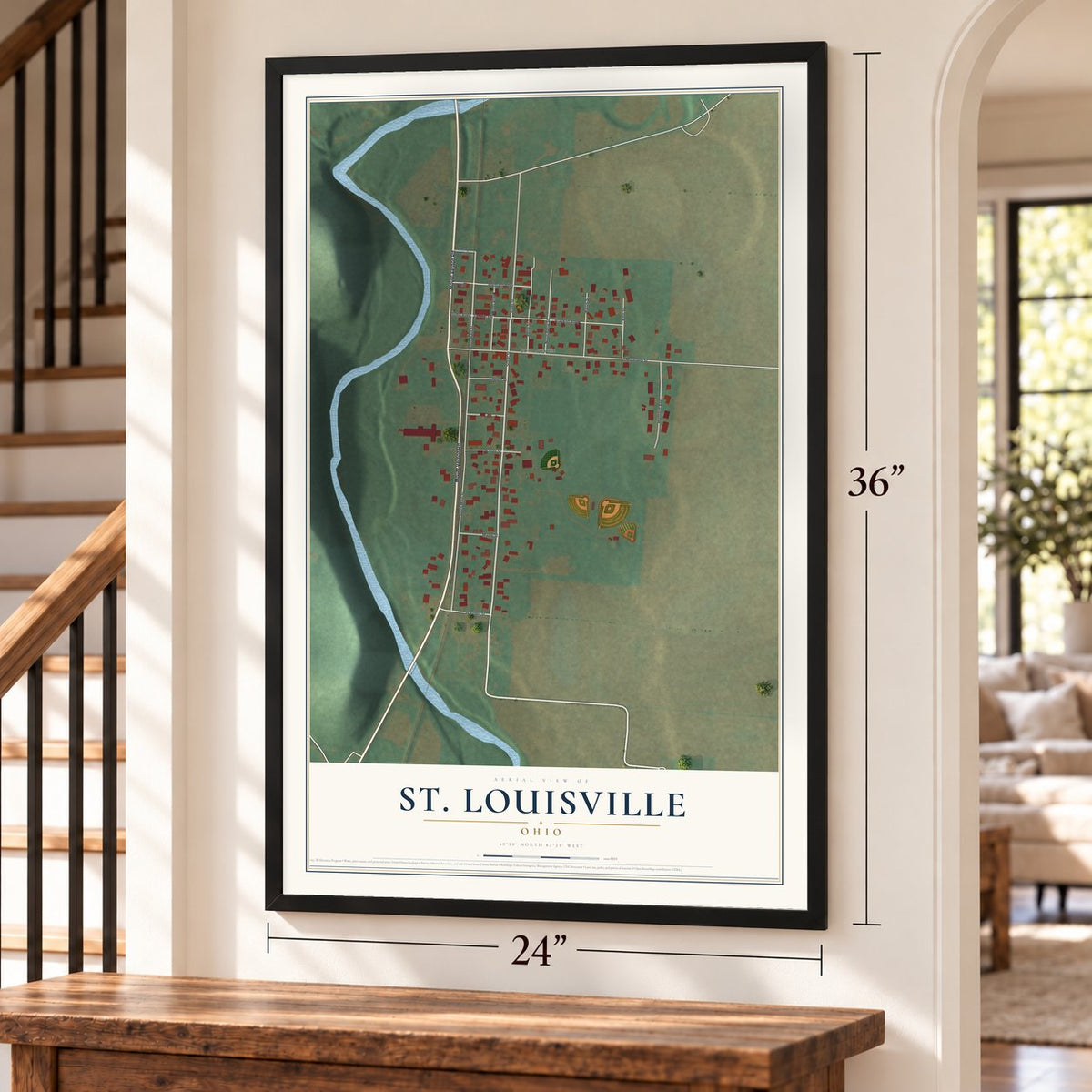 St. Louisville, Ohio map, 24 x 36 inch print in a black frame by a staircase