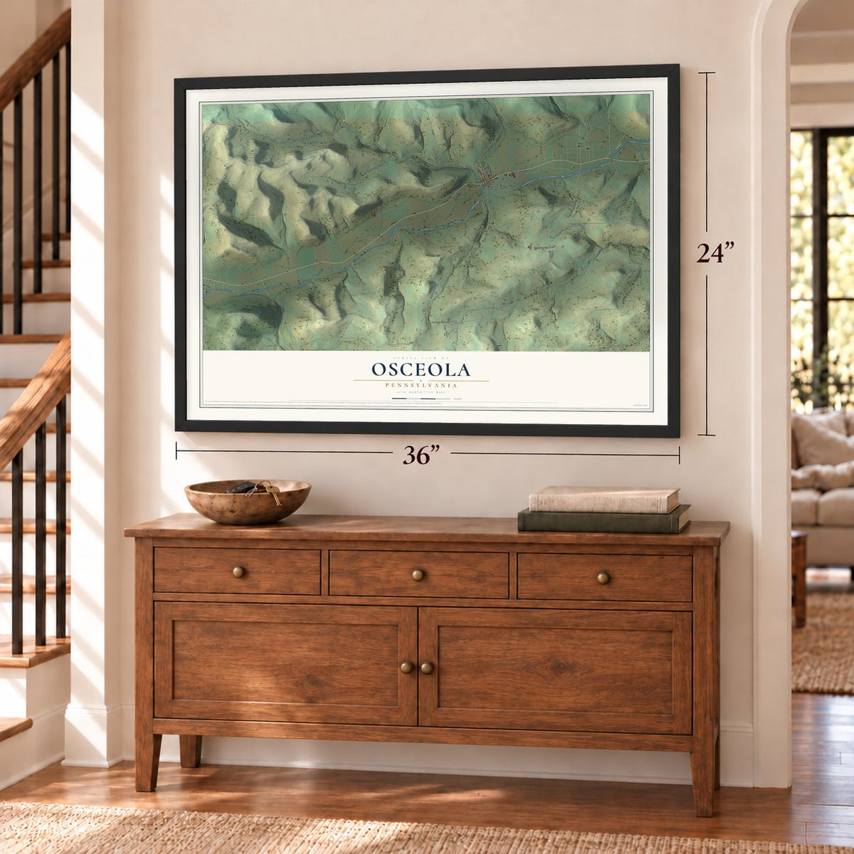 Osceola, Pennsylvania map, 24 x 36 inch print in a black frame above a dresser by a staircase