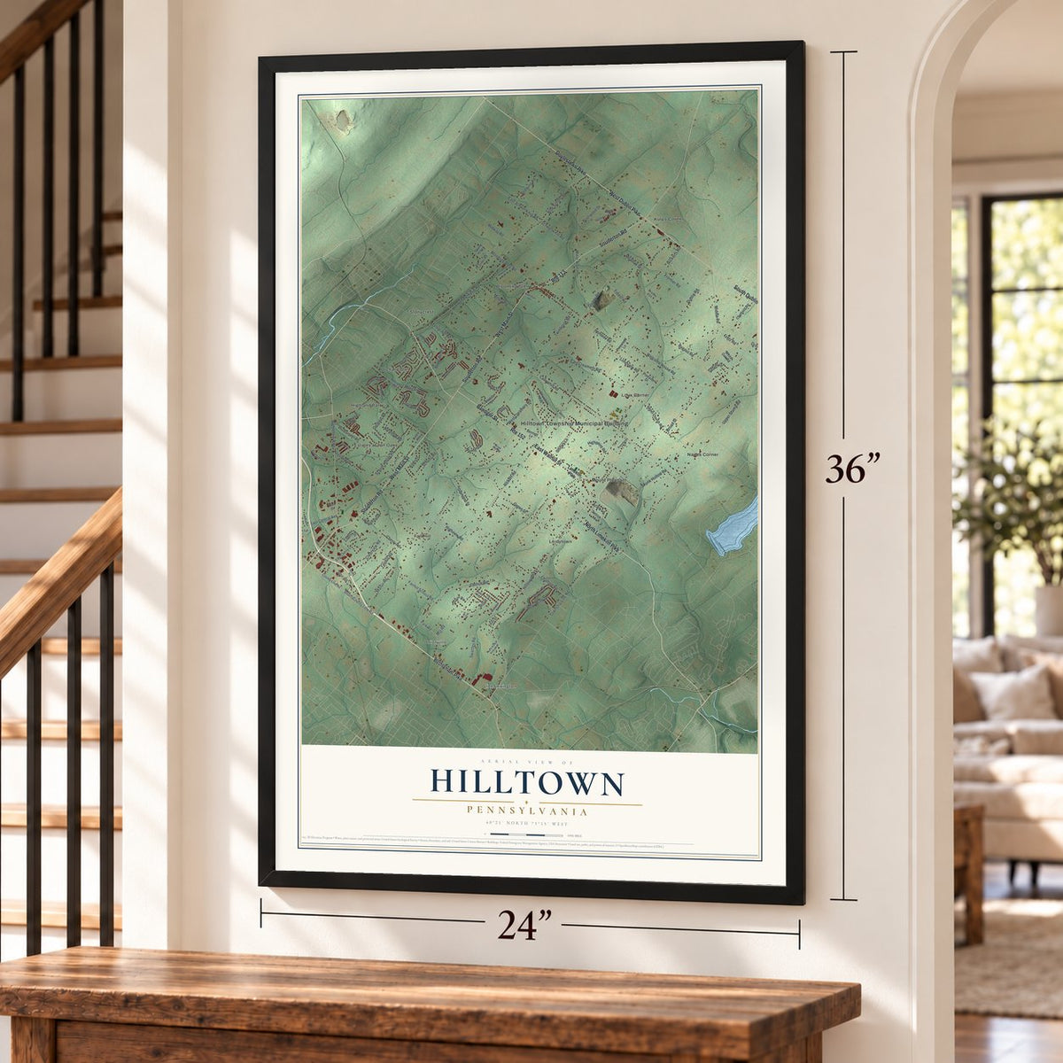 Hilltown, Pennsylvania map, 24 x 36 inch print in a black frame by a staircase
