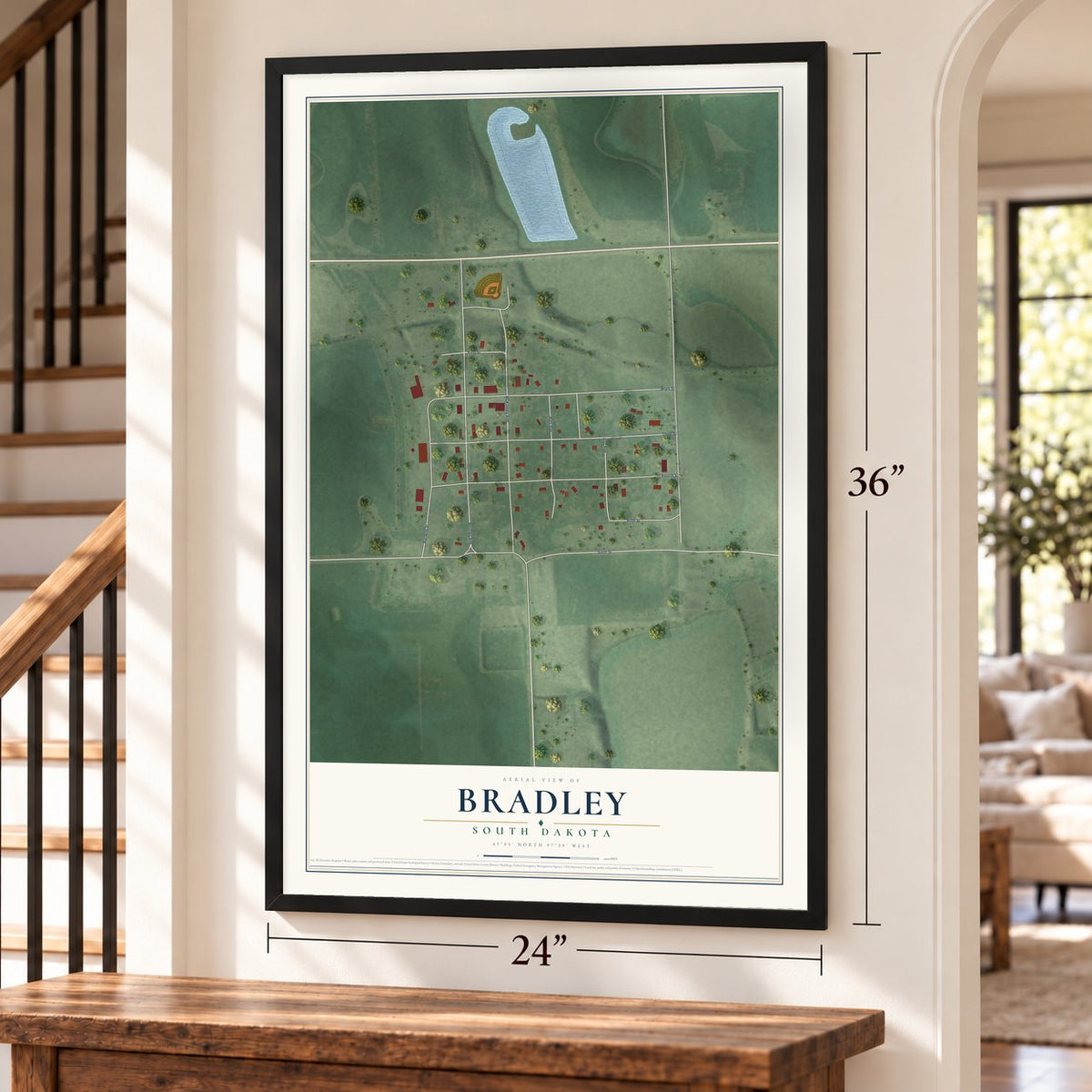 Bradley, South Dakota map, 24 x 36 inch print in a black frame by a staircase