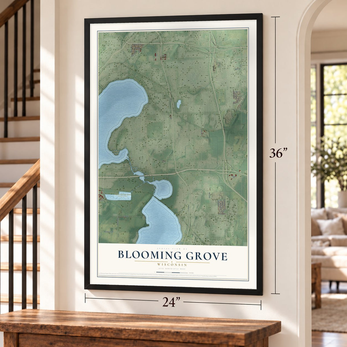 Blooming Grove, Wisconsin map, 24 x 36 inch print in a black frame by a staircase