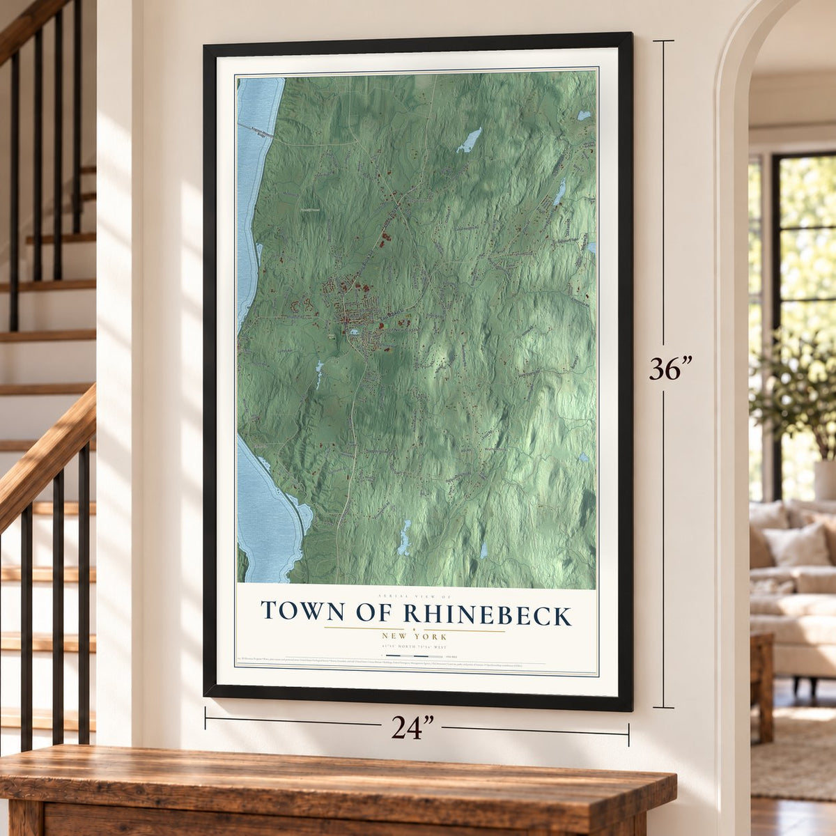 Town of Rhinebeck, New York map, 24 x 36 inch print in a black frame by a staircase